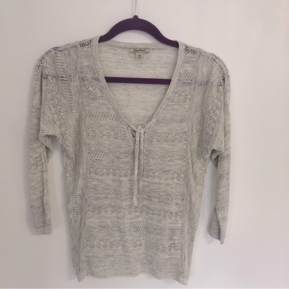 LUCKY BRAND Women White/Gray Heathered Open Weave Lace up Pullover Sweater Sz Xs